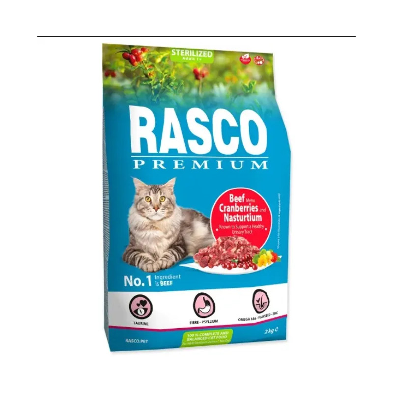 Rasco Premium hrana za mačke Sterilizirane goveje mesne kroglice z brusnicami in kapucinko 2 kg