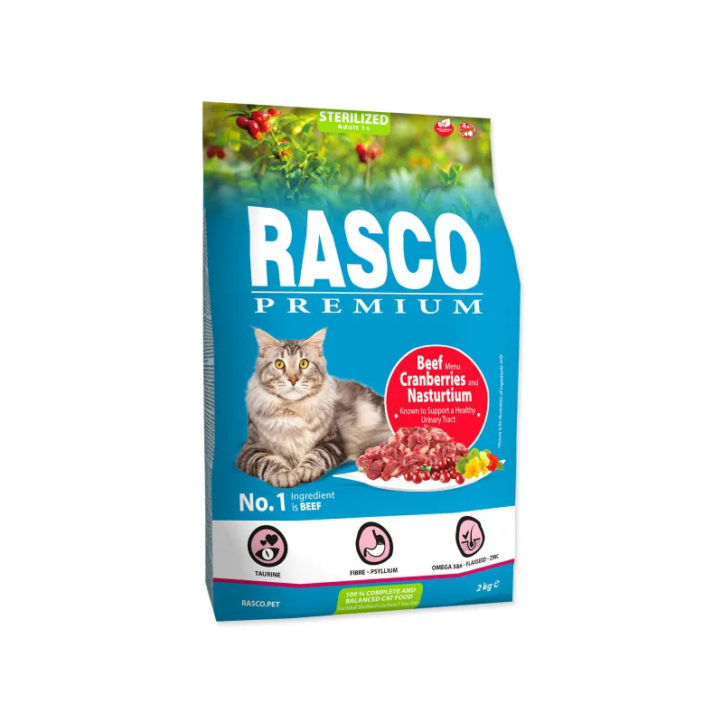 Rasco Premium hrana za mačke Sterilizirane goveje mesne kroglice z brusnicami in kapucinko 2 kg