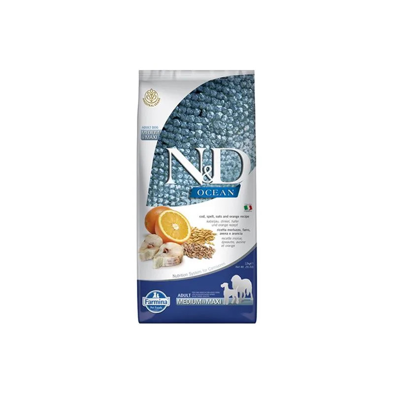 Farmina N&D dog adult medium, codfish, spelt, oats & orange 12 kg