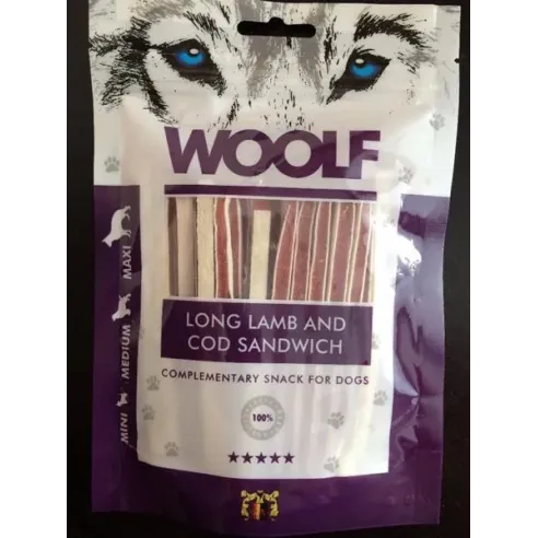 Mehki sendvič za pse Woolf Dog Lamb & Codfish LONG 100 g