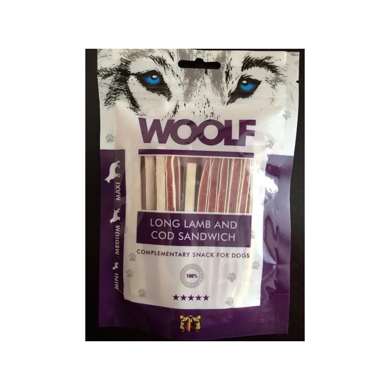 Mehki sendvič za pse Woolf Dog Lamb & Codfish LONG 100 g