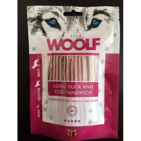 Mehki prigrizek Woolf Dog (sendvič z raco in polenovko), podolgovat, 100 g