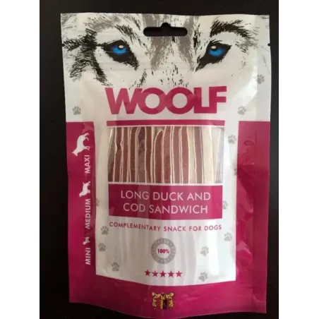 Mehki prigrizek Woolf Dog (sendvič z raco in polenovko), podolgovat, 100 g