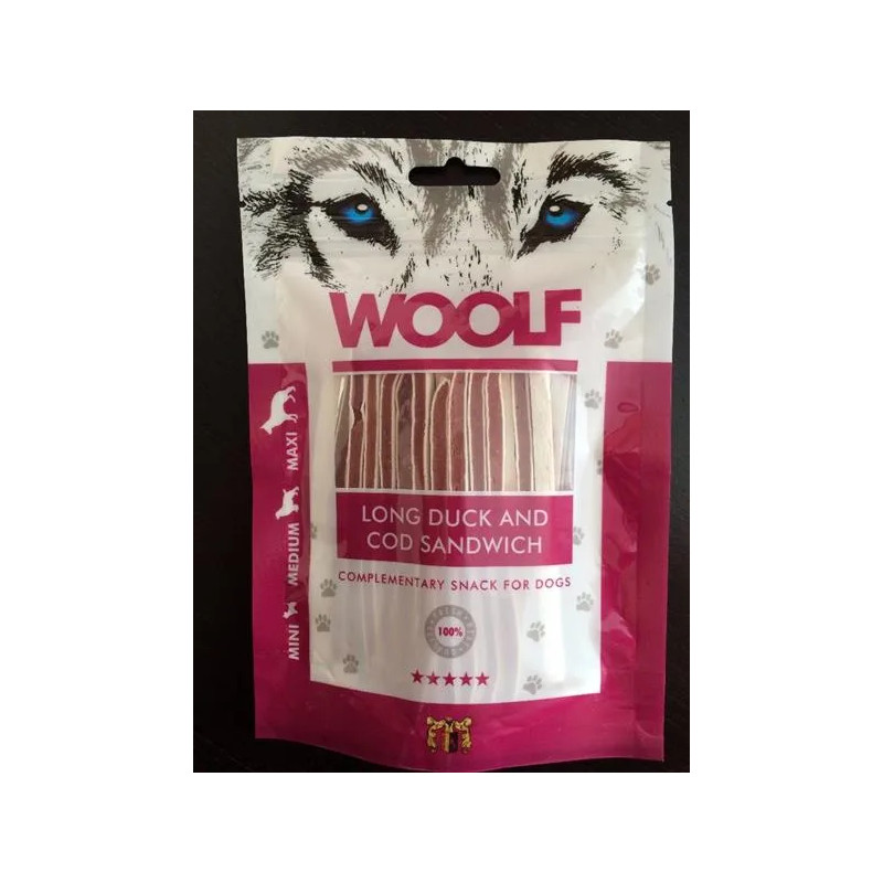 Mehki prigrizek Woolf Dog (sendvič z raco in polenovko), podolgovat, 100 g