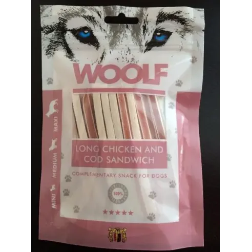 Mehki sendvič za pse Woolf Chicken & Codfish LONG 100 g