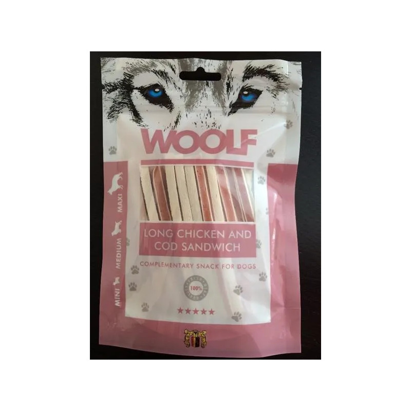 Mehki sendvič za pse Woolf Chicken & Codfish LONG 100 g