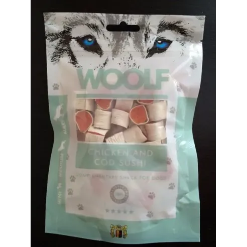 Priboljšek Woolf Dog Chicken & Codfish sushi 100 g