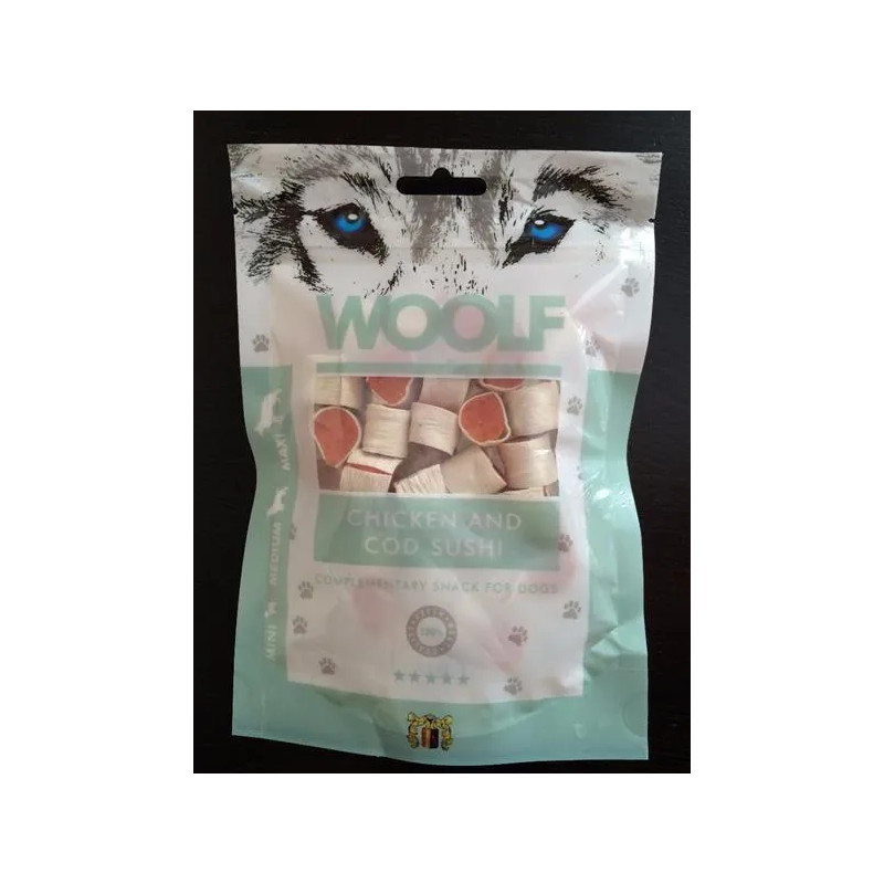 Priboljšek Woolf Dog Chicken & Codfish sushi 100 g