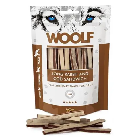 Priboljšek Woolf Dog Soft Rabbit and Pollock Sandwich LONG 100 g