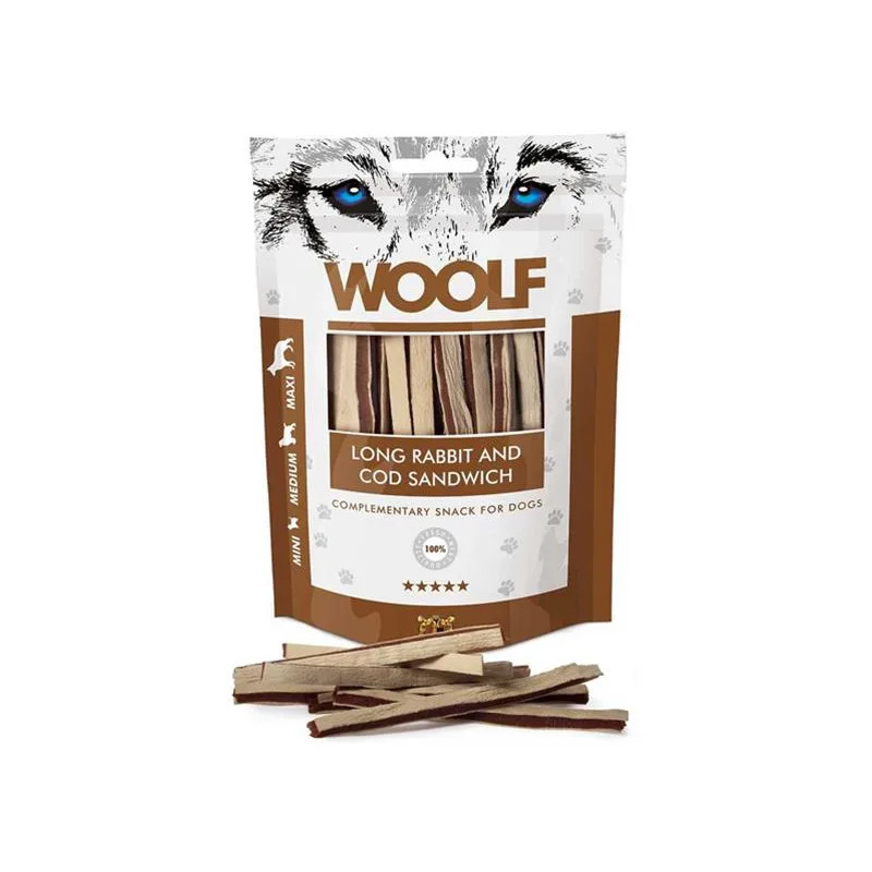 Priboljšek Woolf Dog Soft Rabbit and Pollock Sandwich LONG 100 g