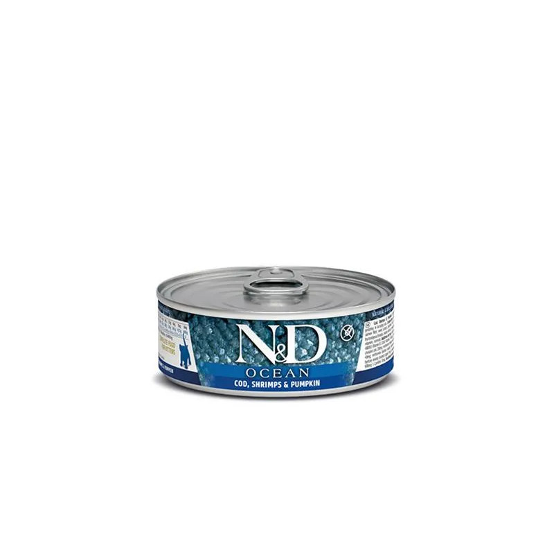 Farmina N&D mačja konzerva OCEAN tuna, polenovka, kozice in buča za mladiče 70 g