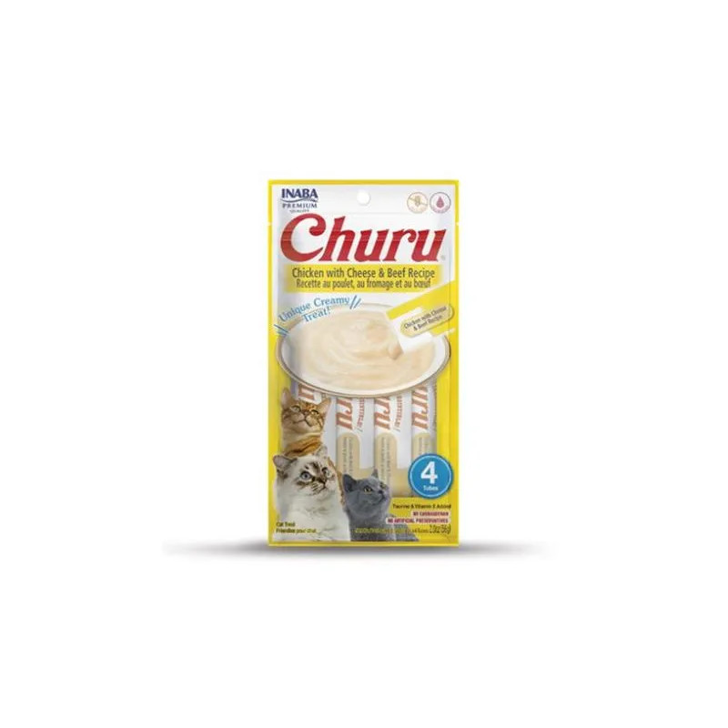 Pamlsok Inaba Churu Pyré cat Kura so syrom a hovädzím mäsom 4 tuby 56 g