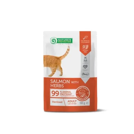 Nature's P kapsule za odrasle sterilizirane mačke – losos in zelišča (22 x 100 g)