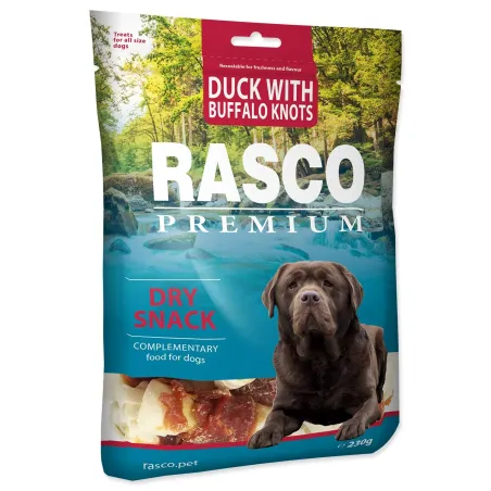 Priboljšek Rasco Premium bivolja koža z račjim mesom, vozli 5 cm 230 g