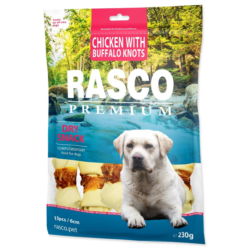 Poslastica Rasco Premium bivolova koža obložena s piščančjim mesom, vozli 6 cm 230 g