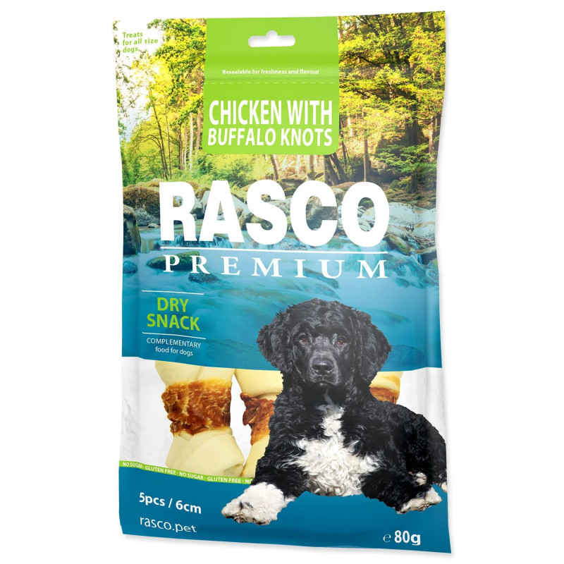 Poslastica Rasco Premium iz bivolje kože obložena s piščančjim mesom, vozli 6 cm, 80 g