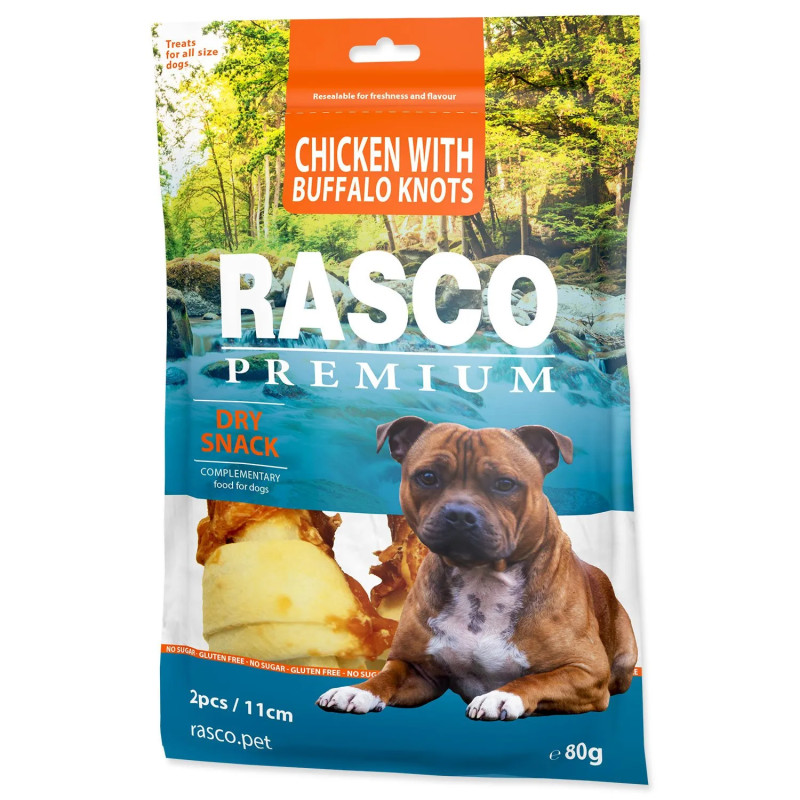 Prigrizek Rasco Premium bivolova koža obložena s piščančjim mesom, vozli 11 cm, 80 g
