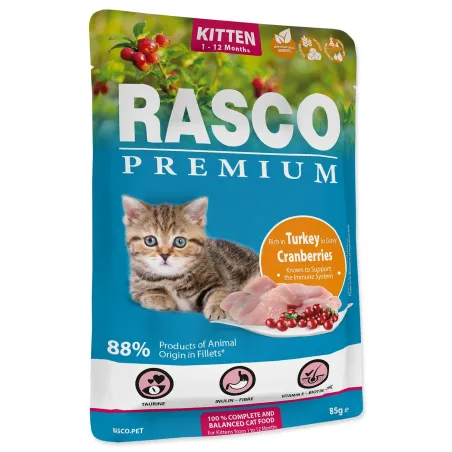 Vrečka Rasco Premium Kitten puran z brusnicami 85g