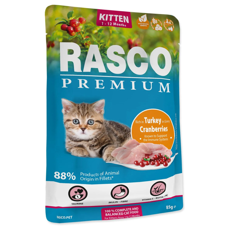 Vrečka Rasco Premium Kitten puran z brusnicami 85g