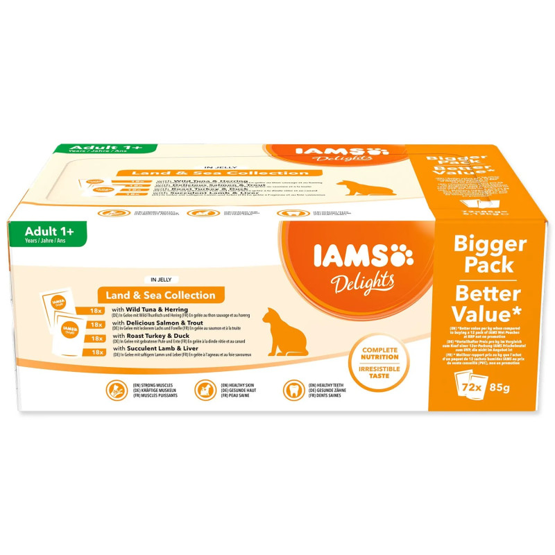 Vrečke IAMS Delights morsko in kopensko meso v želeju večpak (72x85g)