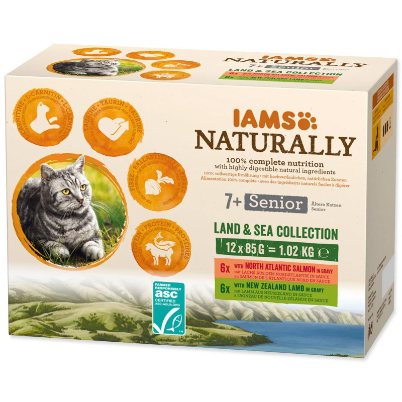 Vrečka IAMS Naturally Senior morsko in kopensko meso v omaki multipack 1020g (12x85g)
