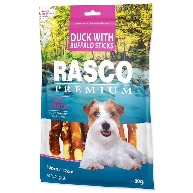 Poslastica Rasco Premium bivolova koža obložena z račjim mesom, palčke 80g