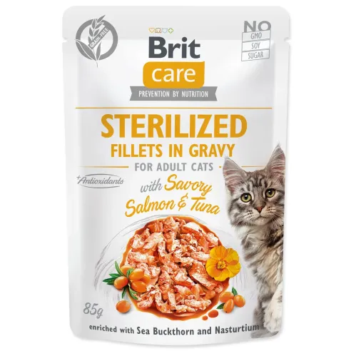 Vrečka Brit Care Cat Sterilized losos in tuna, fileti v omaki 85g