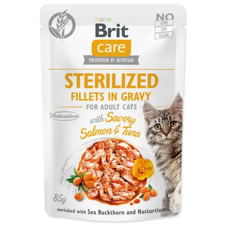 Vrečka Brit Care Cat Sterilized losos in tuna, fileti v omaki 85g