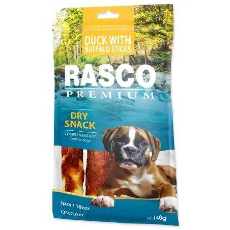 Posladek Rasco Premium, bivolja koža obložena z račjim mesom, palčke 18 cm, 3 kosi, 140 g