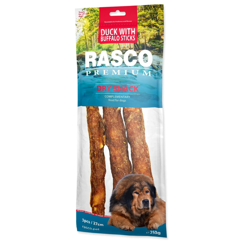 Poslastica Rasco Premium bivolja koža prevlečena z račjim mesom, palčke, 3 kosi, 250 g
