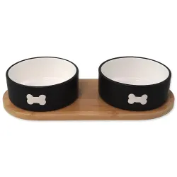 Set Dog Fantasy keramični posodici s podstavkom, črne, z motivom kosti, 2x 13x5,5cm, 400ml