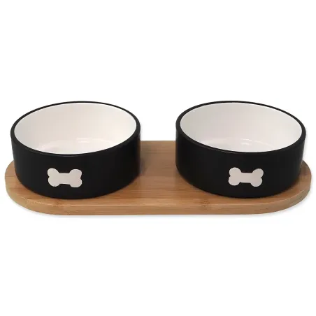 Set Dog Fantasy keramični posodici s podstavkom, črne, z motivom kosti, 2x 13x5,5cm, 400ml