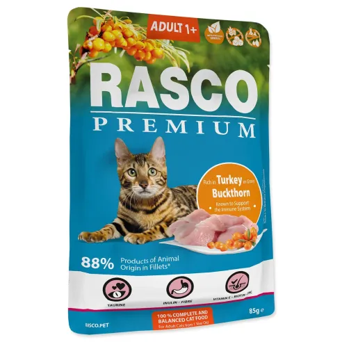 Vrečka Rasco Premium Adult puran z rakitovcem 85 g