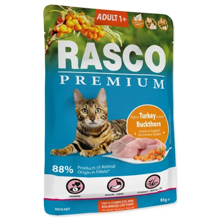 Vrečka Rasco Premium Adult puran z rakitovcem 85 g
