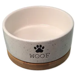 Skleda za psa Dog Fantasy, keramična, bela WOOF, z podstavkom, 13×5,5 cm, 400 ml