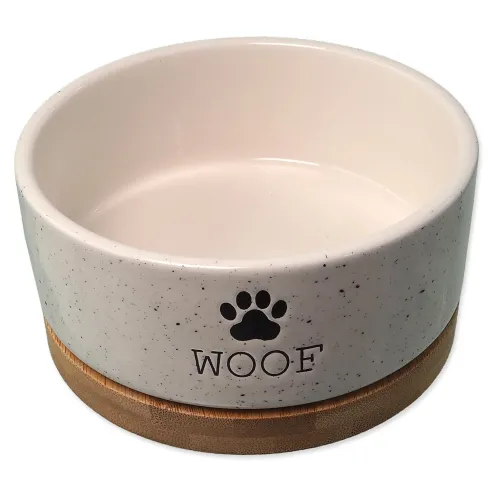 Skleda za psa Dog Fantasy, keramična, bela WOOF, z podstavkom, 13×5,5 cm, 400 ml