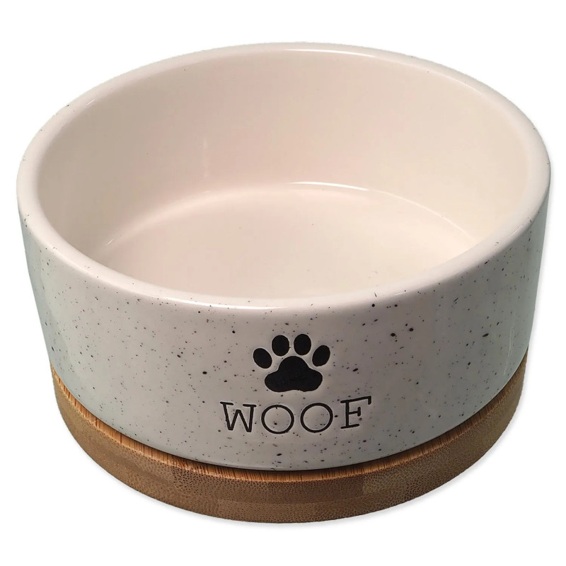 Skleda za psa Dog Fantasy, keramična, bela WOOF, z podstavkom, 13×5,5 cm, 400 ml