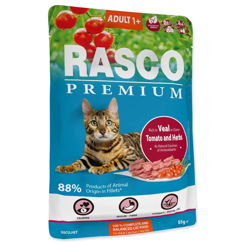 Vrečka Rasco Premium Adult teletina s paradižniki in zelišči 85 g