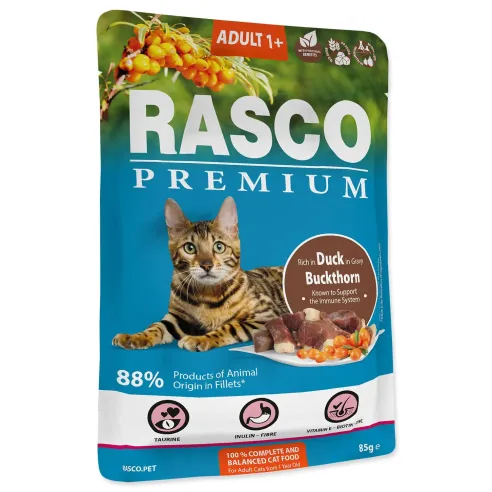 Vrečka Rasco Premium Adult raca z rakitnikom 85 g