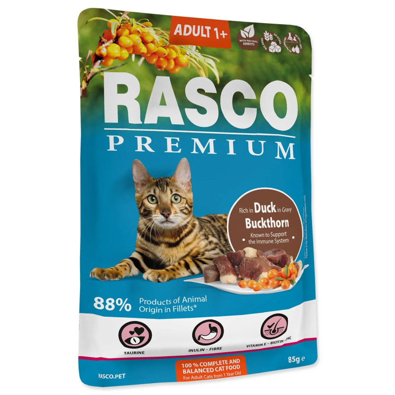 Vrečka Rasco Premium Adult raca z rakitnikom 85 g