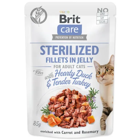 Vrečka Brit Care Cat Sterilized raca in puran, fileti v želatini 85 g