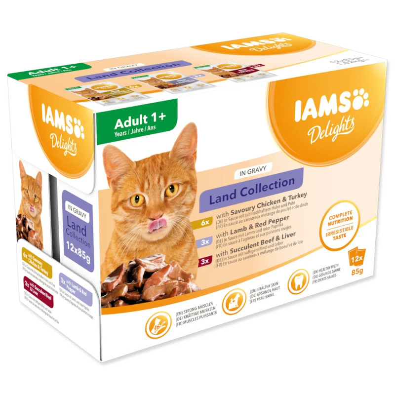 Vrečka IAMS Delights Adult suhozemeljsko meso v omaki multipack 1020 g (12×85 g)