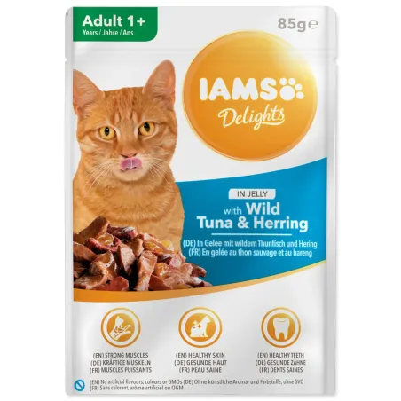Vrečka IAMS Delights Adult tun in sled v želeju 85g