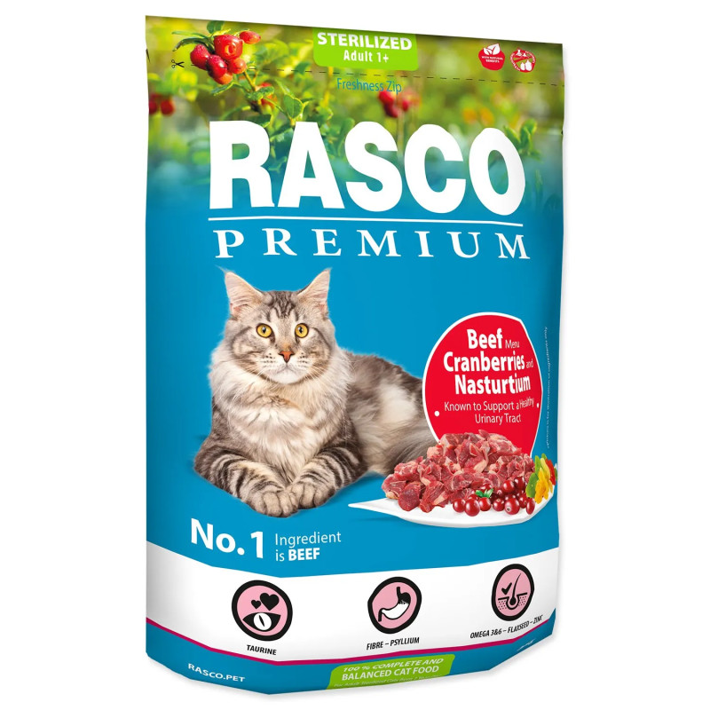 Hrana Rasco Premium Sterilizirano goveje z brusnico in kapucinko 0,4kg