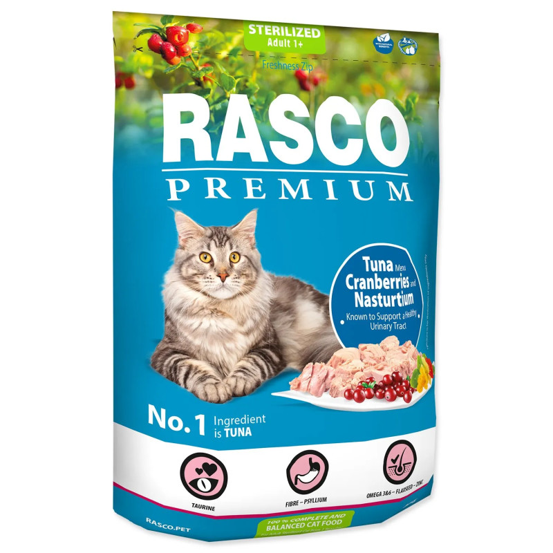 Hrana Rasco Premium Sterilized tun z brusnico in kapucinko 0,4kg