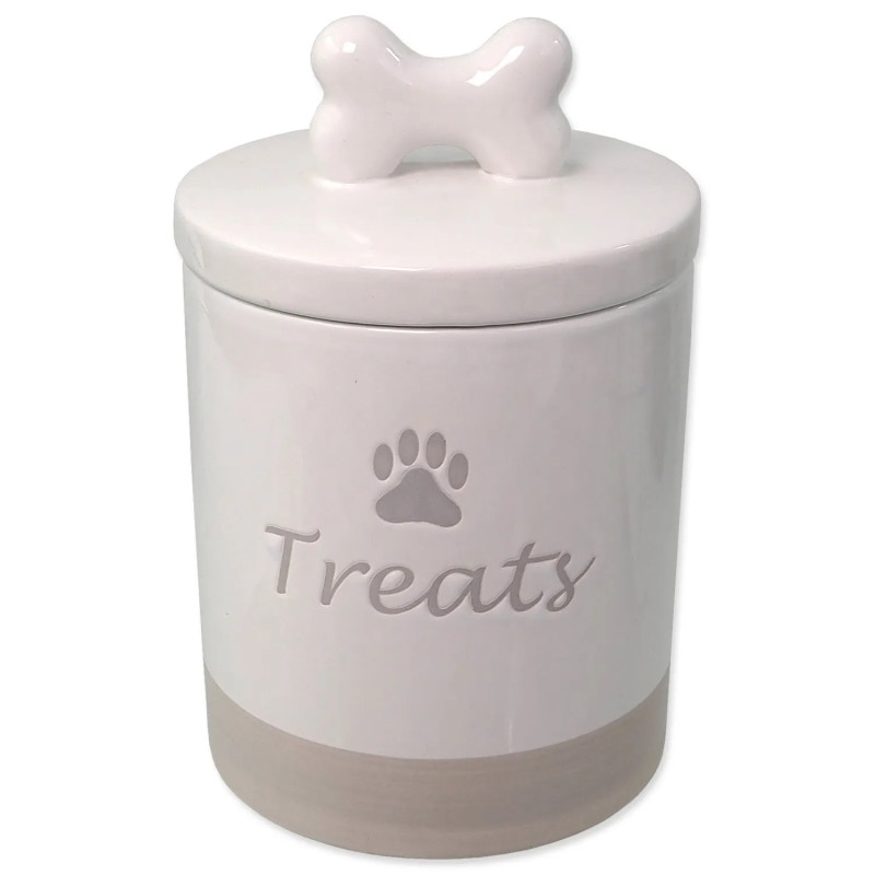Posoda Dog Fantasy keramična za priboljške, bela z ročajem 13,5×21,5 cm, 1500 ml.