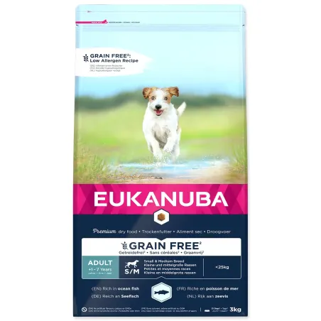 Hrana EUKANUBA za odrasle, majhne in srednje pasme, brez žitaric, okus morskih rib, 3 kg
