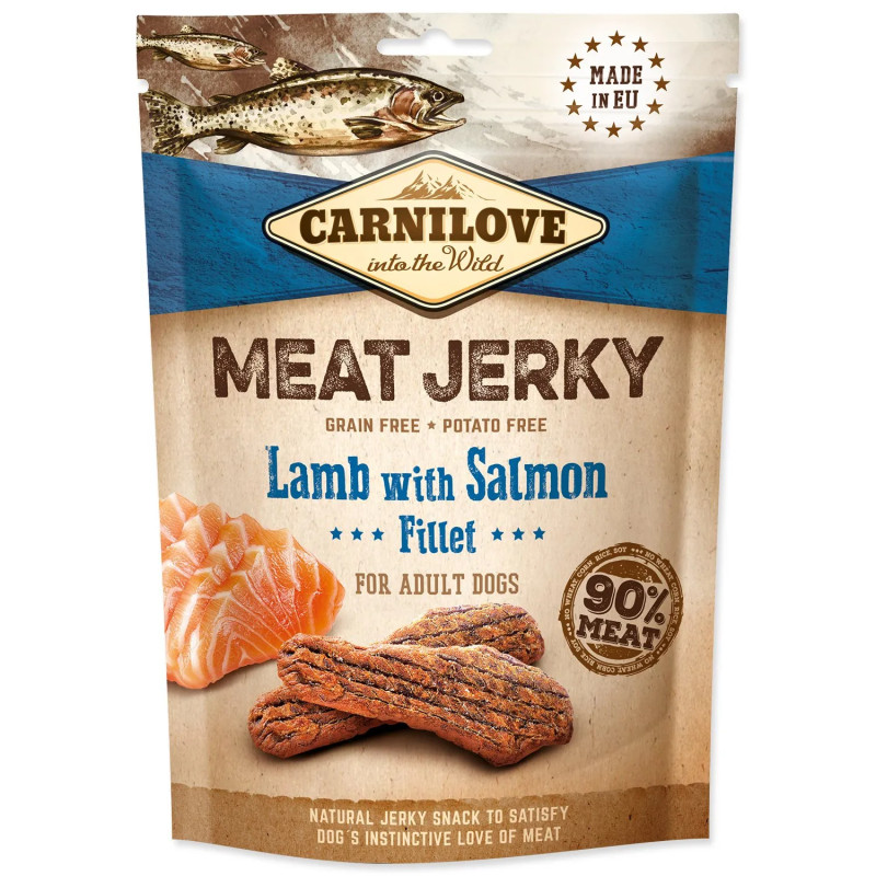 Poslastica Carnilove Jerky jagnje in losos, rezine 100 g