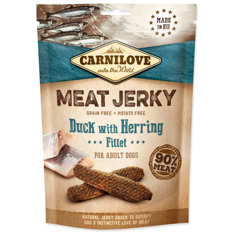 Poslastica Carnilove Jerky raca in sled, rezine 100g
