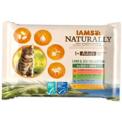 Vrečka IAMS Naturally Adult morsko in kopensko meso v omaki, večpak 340 g (4×85 g)
